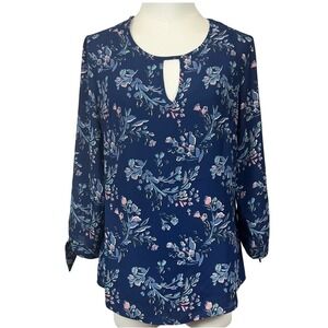 41 Hawthorn Taryn Blue Floral Tie Sleeve Top Women Size Small 3/4 Sleeve Keyhole